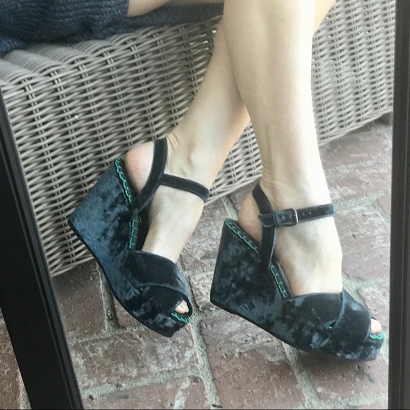 Anthropologie Shoes - ANTHROPOLOGIE teal VELVET wedge platform sandals